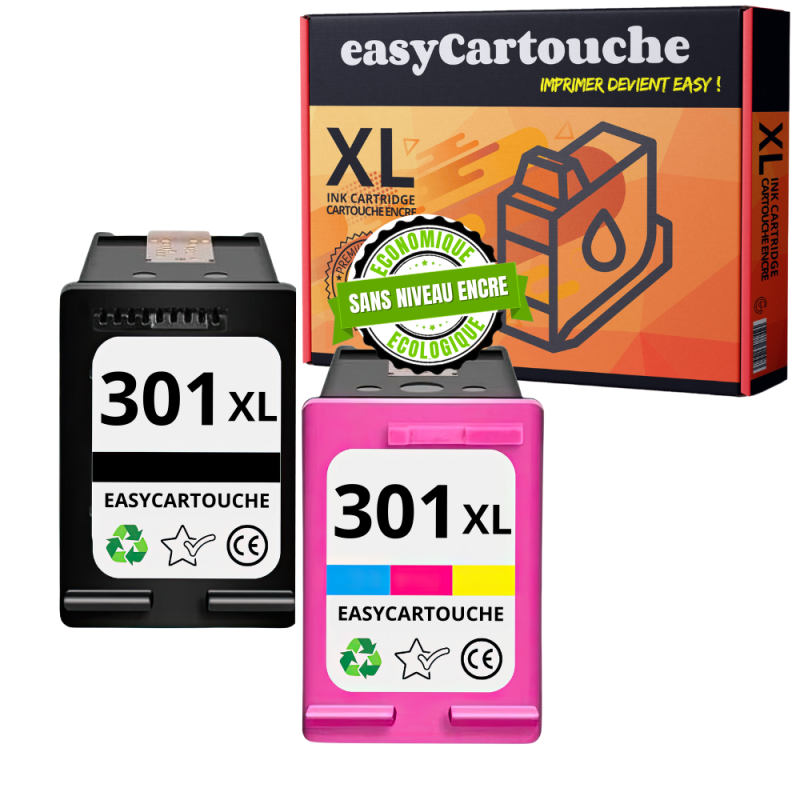 Pack 2 cartouches compatible avec HP 301XL noir et couleur - Sans niveau encre